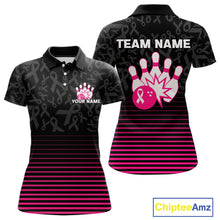 Load image into Gallery viewer, Pink and black Ribbons Pattern Bowling Shirts For Women Custom Breast cancer Team Bowler Jersey NQS10560