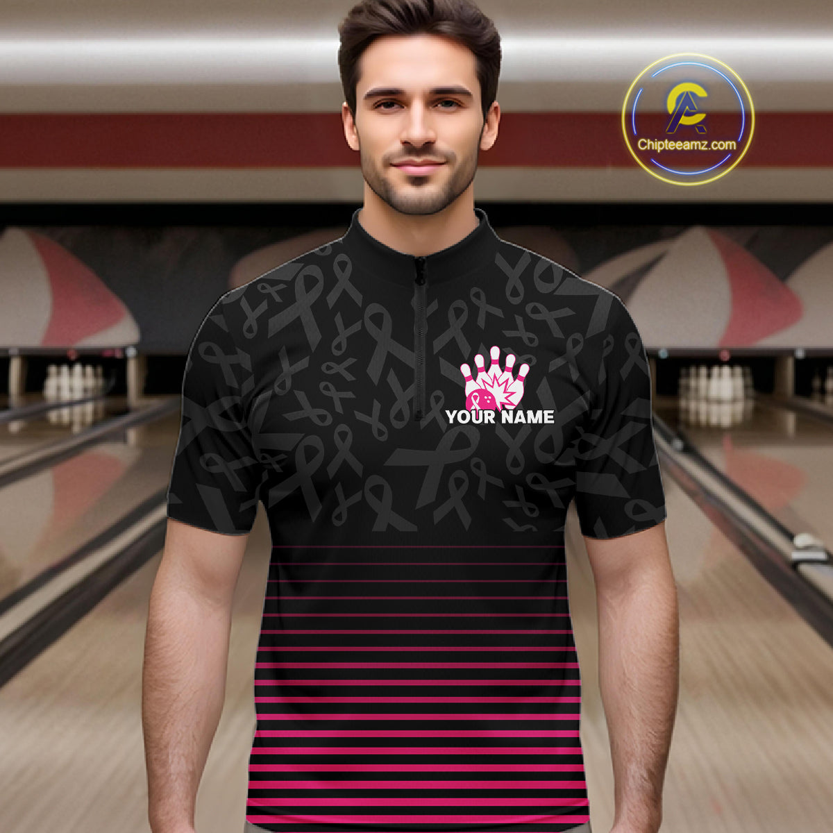 Pink and black Ribbons Pattern Bowling Shirts For Men Custom Breast cancer Team Bowler Jersey NQS10560