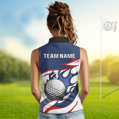 Red, White and Blue Flame golf ball Women Sleeveless Golf polo shirts Custom patriotic Golf Outfit NQS10044