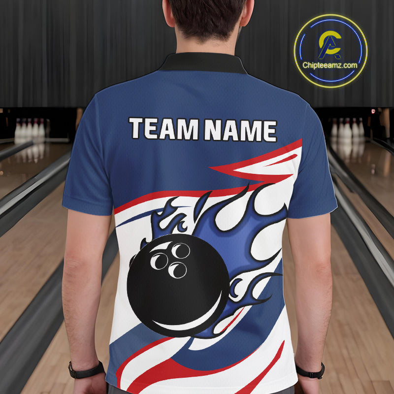 Red, White and Blue Flame bowling ball polo, 1/4 zip shirts for Men Custom patriotic Bowling Outfit NQS10045