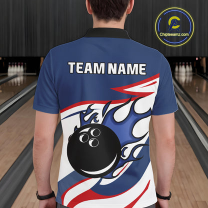 Red, White and Blue Flame bowling ball polo, 1/4 zip shirts for Men Custom patriotic Bowling Outfit NQS10045