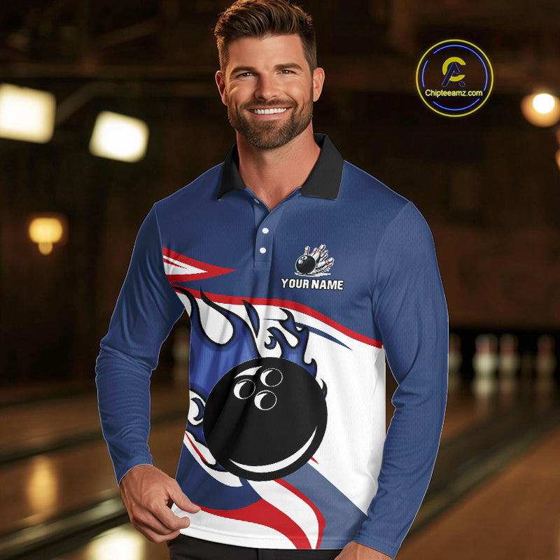 Red, White and Blue Flame bowling ball polo, 1/4 zip shirts for Men Custom patriotic Bowling Outfit NQS10045