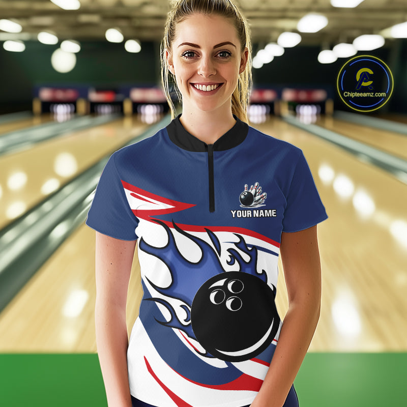 Red, White and Blue Flame bowling ball polo, 1/4 zip shirts for Women Custom patriotic Bowling Outfit NQS10045
