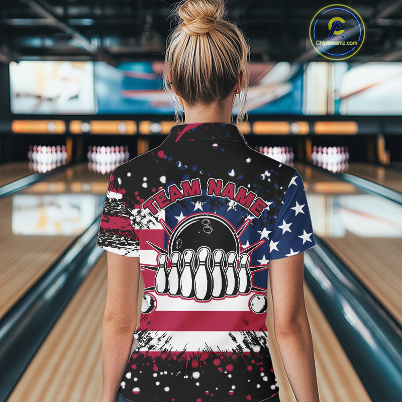 American Flag Black Bowling Polo, 1/4 Zip Shirts For Women custom patriotic retro bowling team shirts NQS10210