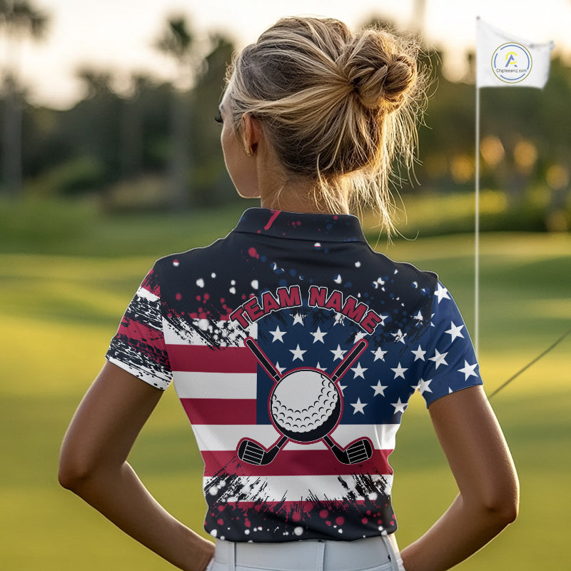 American Flag Black golf polo shirts for Women custom patriotic retro golf team shirts, golfer gifts NQS10211
