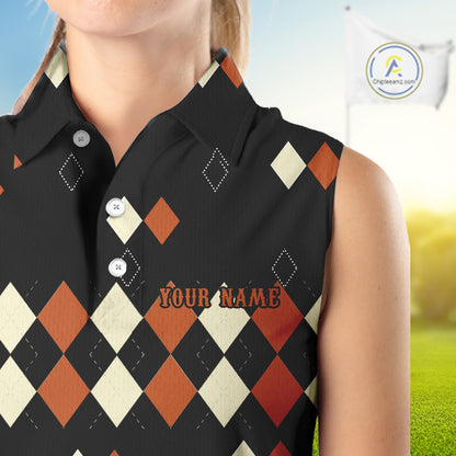 Black and Orange argyle plaid pattern Women sleeveless polo shirt custom Halloween ladies golf wear NQS10356