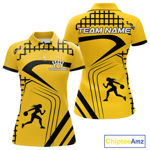Custom Black and Yellow Bowling Shirts For Women, Personalized Team Bowling Jersey Bowler Outfit NQS10575