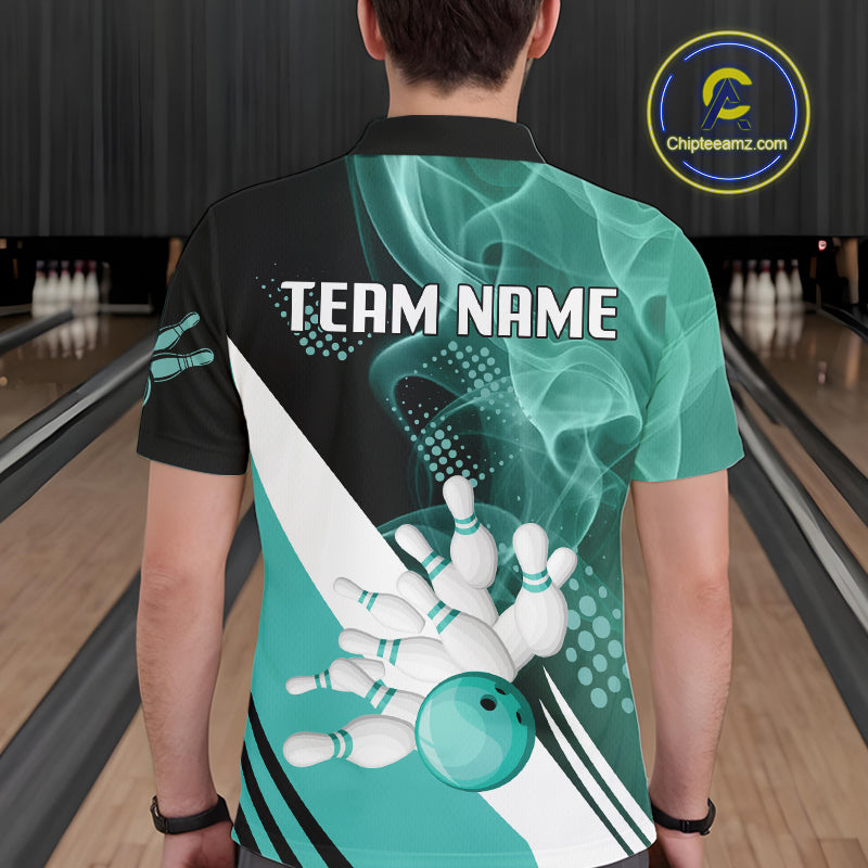 Mens bowling polo, 1/4 zip shirts Custom cyan blue smoke bowling team jerseys, gift for Bowlers NQS10060