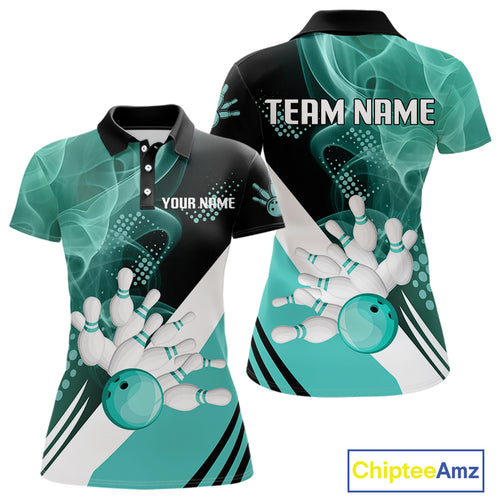 Women bowling polo, 1/4 zip shirts Custom cyan blue smoke bowling team jerseys, gift for Bowlers NQS10060