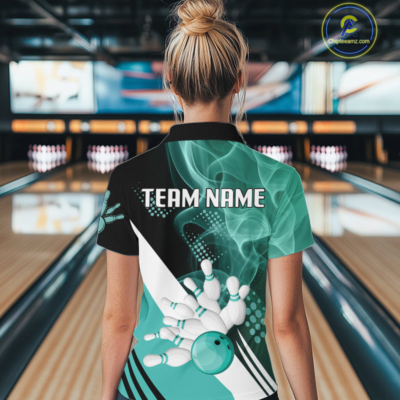 Women bowling polo, 1/4 zip shirts Custom cyan blue smoke bowling team jerseys, gift for Bowlers NQS10060