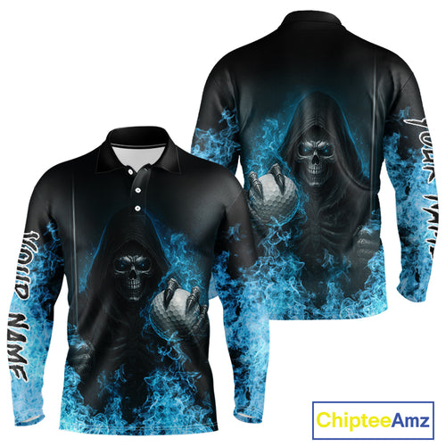 Blue Flame Skull reaper Mens Golf polo shirts custom golf top for men, best golf gifts NQS10360
