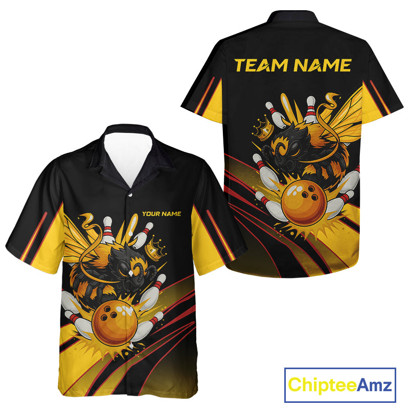 Black and Yellow Bee Bowling Hawaiian Shirt Custom Bee Bowling Team Outfit Button up shirt NQS10362