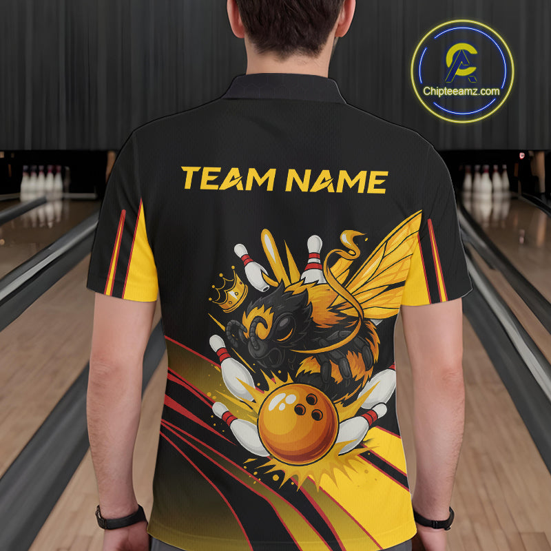 Black and Yellow Bee Bowling Polo, Quarter Zip Shirts For Men Custom Bee Bowling Team Jersey Outfit NQS10362