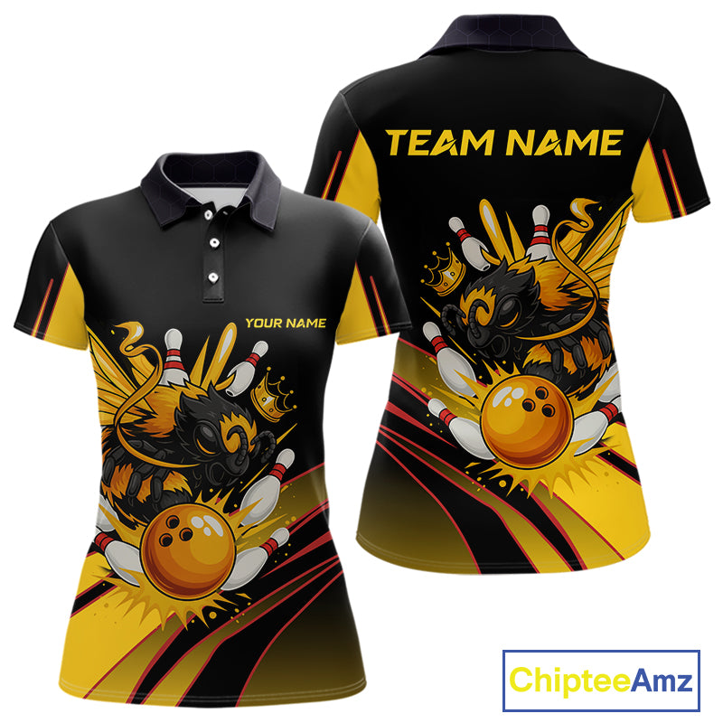 Black and Yellow Bee Bowling Polo, Quarter Zip Shirts For Women Custom Bee Bowling Team Jersey Outfit NQS10362