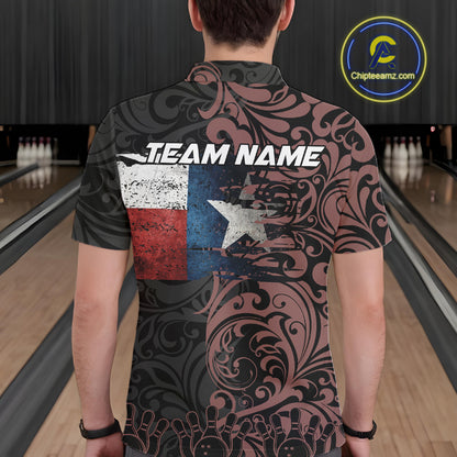 Texas Flag tribal pattern Bowling Polo, 1/4 Zip shirts for men Custom patriotic Team bowling jersey NQS10583
