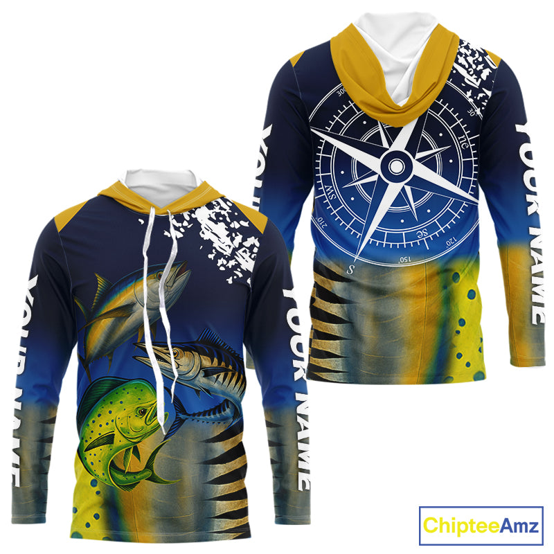 Personalized Mahi Mahi, Wahoo, Tuna scales blue Fishing Shirts, compass offshore tournament Shirts NQS10371