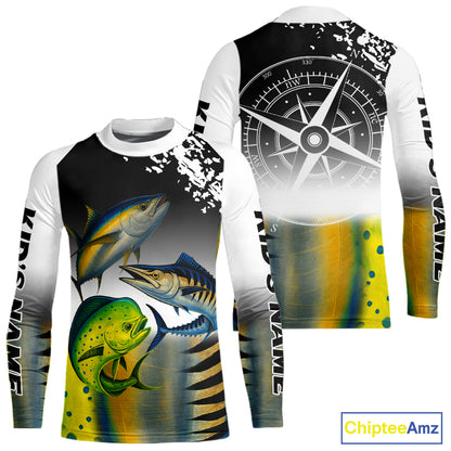 Personalized Mahi Mahi, Wahoo, Tuna scales black Fishing Shirts, compass offshore tournament Shirts NQS10372