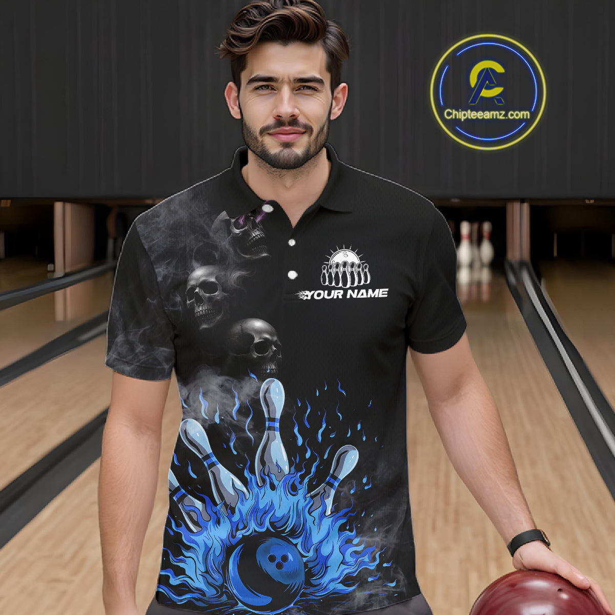 Personalized Smoke Skull Blue Flame Black Bowling Shirts For Men Custom Team Bowling Jerseys NQS10597