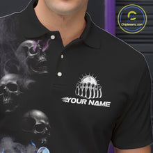 Load image into Gallery viewer, Personalized Smoke Skull Blue Flame Black Bowling Shirts For Men Custom Team Bowling Jerseys NQS10597