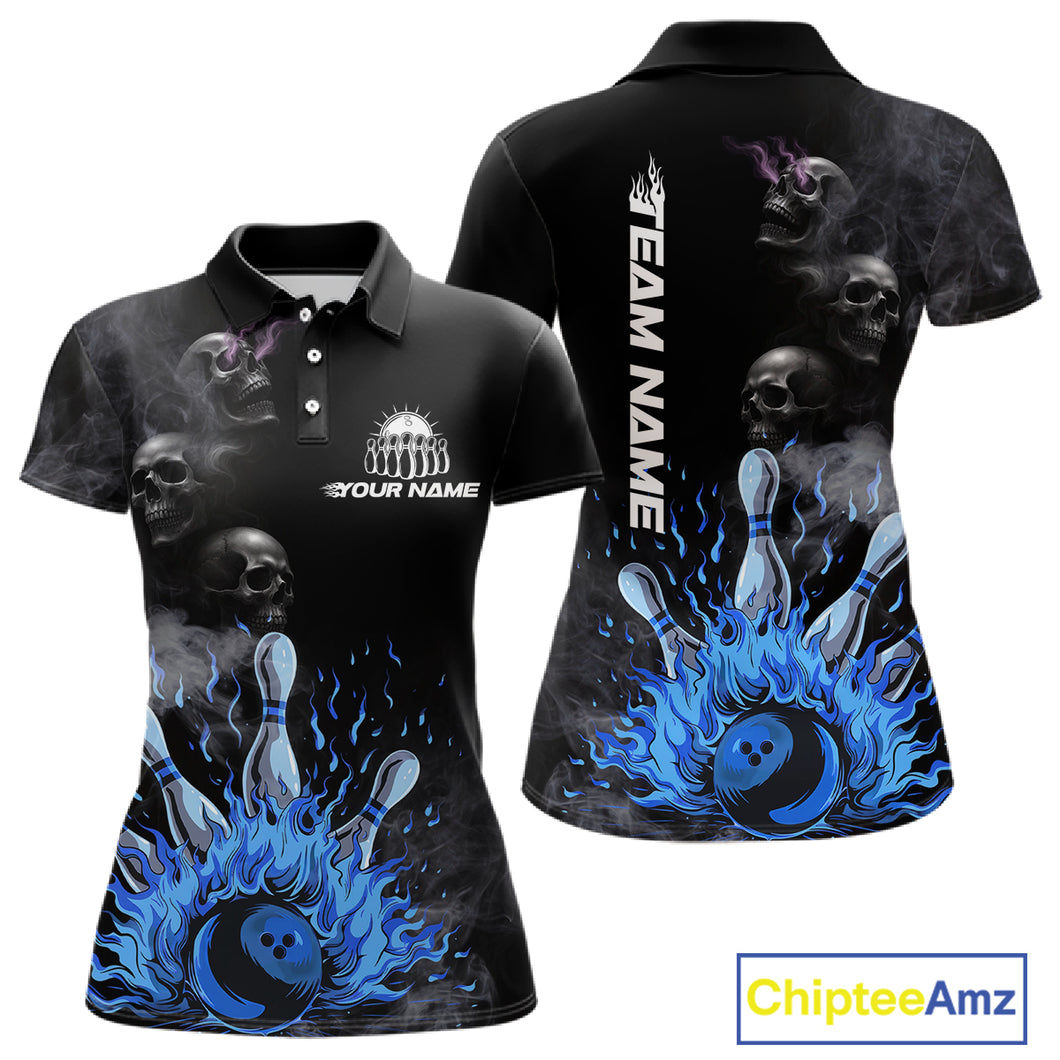 Personalized Smoke Skull Blue Flame Black Bowling Shirts For Women Custom Team Bowling Jerseys NQS10597