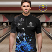 Load image into Gallery viewer, Personalized Smoke Skull Blue Flame Black Bowling Shirts For Men Custom Team Bowling Jerseys NQS10597