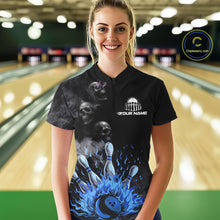 Load image into Gallery viewer, Personalized Smoke Skull Blue Flame Black Bowling Shirts For Women Custom Team Bowling Jerseys NQS10597