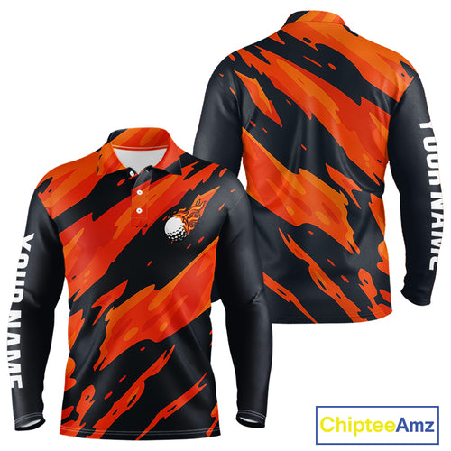 Black and Orange Flame Golf polo shirts for mens Custom mens golf outfit, personalized golf gifts NQS10069