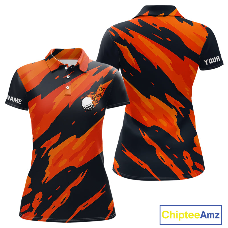 Black and Orange Flame Golf polo shirts for Women Custom ladies golf outfit, personalized golf gifts NQS10069