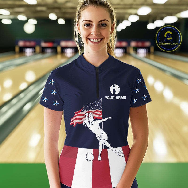 Red, White and Blue American Flag Bowling Team Shirts For Women Custom Patriotic Bowling Jerseys NQS10220