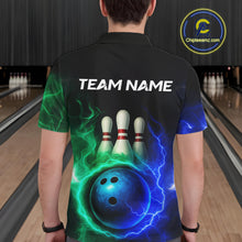 Load image into Gallery viewer, Blue and Green Lightning thunder Black Bowling Shirts For Men custom Bowling Team Jerseys NQS10379