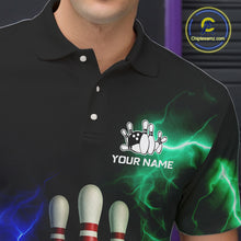 Load image into Gallery viewer, Blue and Green Lightning thunder Black Bowling Shirts For Men custom Bowling Team Jerseys NQS10379