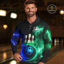 Load image into Gallery viewer, Blue and Green Lightning thunder Black Bowling Shirts For Men custom Bowling Team Jerseys NQS10379