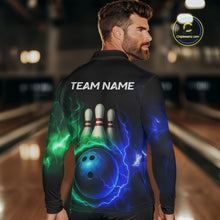 Load image into Gallery viewer, Blue and Green Lightning thunder Black Bowling Shirts For Men custom Bowling Team Jerseys NQS10379
