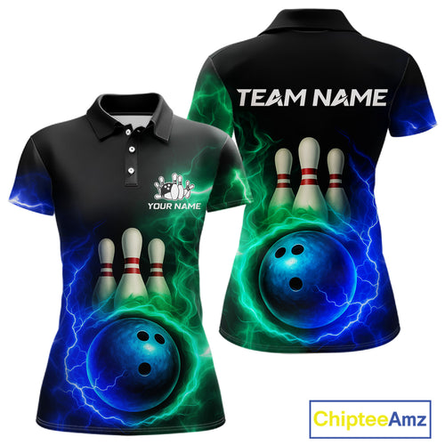 Blue and Green Lightning thunder Black Bowling Shirts For Women custom Bowling Team Jerseys NQS10379