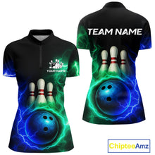 Load image into Gallery viewer, Blue and Green Lightning thunder Black Bowling Shirts For Women custom Bowling Team Jerseys NQS10379