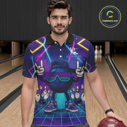 Purple neon stage funny Bowling polo, quarter zip shirts for Men Custom funny bowling team shirts NQS10299