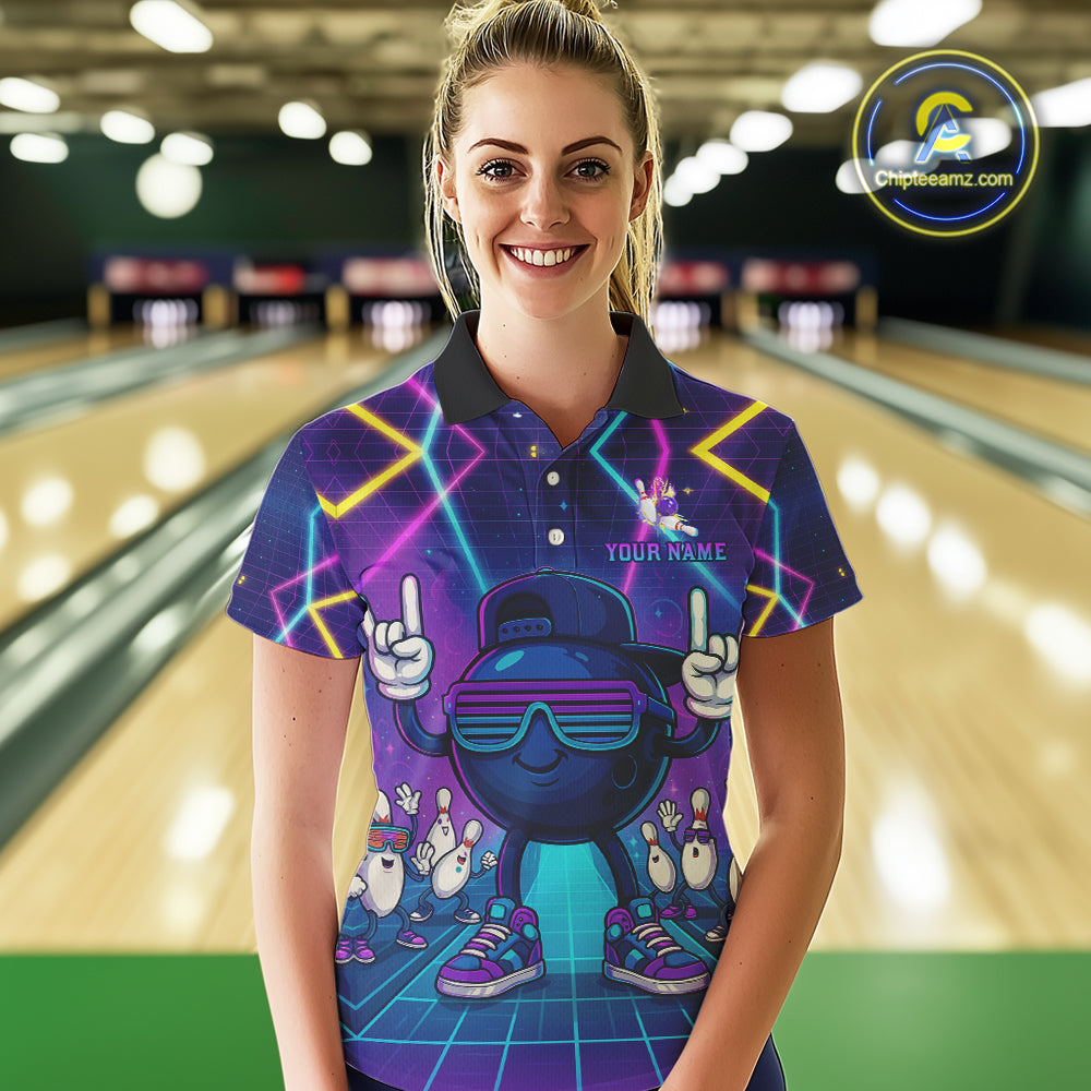 Purple neon stage funny Bowling polo, quarter zip shirts for Women Custom funny bowling team shirts NQS10299