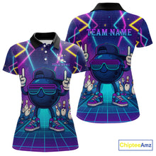 Load image into Gallery viewer, Purple neon stage funny Bowling polo, quarter zip shirts for Women Custom funny bowling team shirts NQS10299