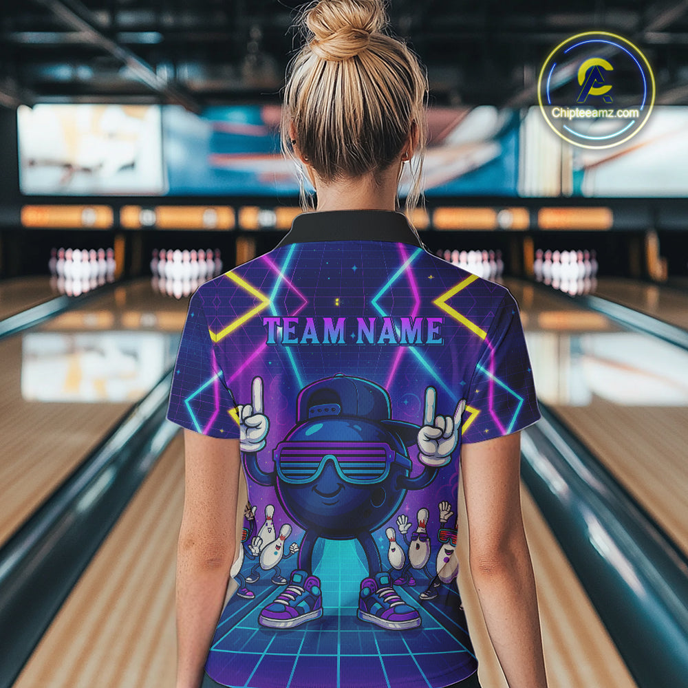 Purple neon stage funny Bowling polo, quarter zip shirts for Women Custom funny bowling team shirts NQS10299