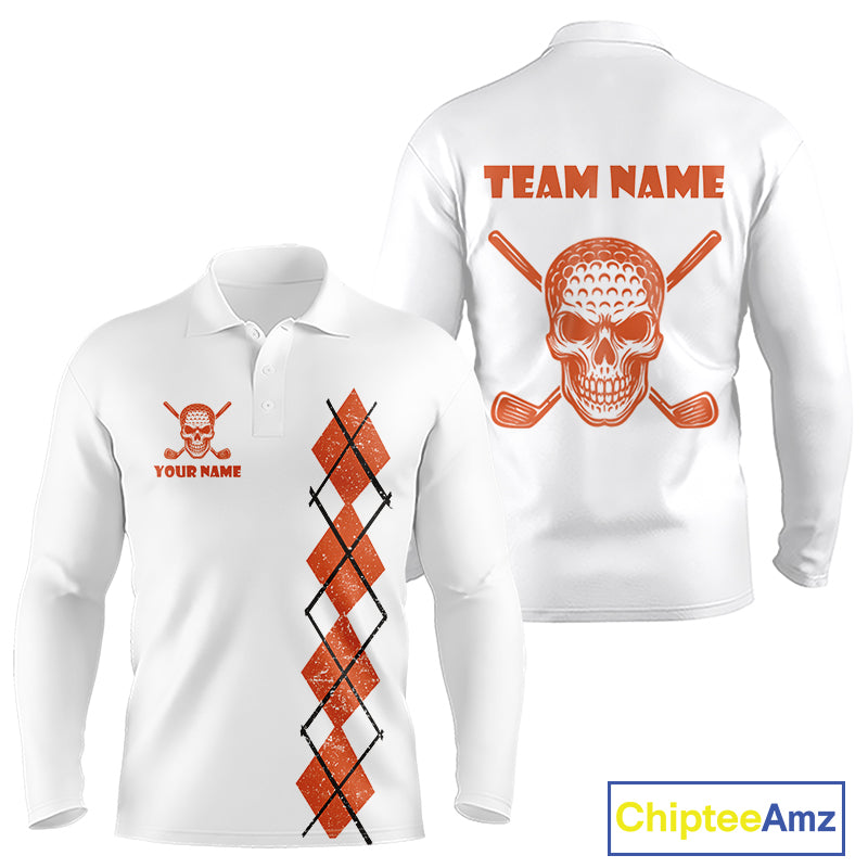 Orange argyle plaid pattern Skull White Golf polo shirts for men custom Halloween mens golf attire NQS10357