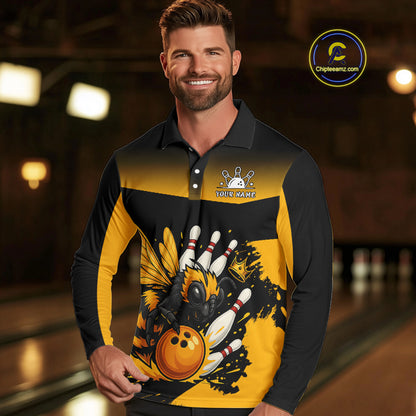 Custom Black and Yellow Bee Bowling Polo, Quarter Zip Shirts For Men, Bee Bowling Team Bowlers Outfit NQS10361
