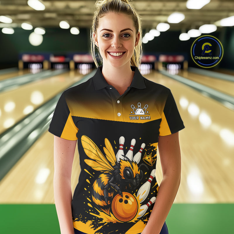 Custom Black and Yellow Bee Bowling Polo, 1/4 Zip Shirts For Women, Bee Bowling Team Bowlers Outfit NQS10361