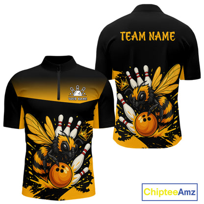 Custom Black and Yellow Bee Bowling Polo, Quarter Zip Shirts For Men, Bee Bowling Team Bowlers Outfit NQS10361