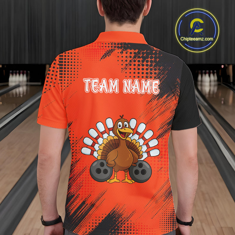 Custom Orange Turkey Bowling Shirt For Men, Thanksgiving Bowling Team Jersey Bowler Outfit NQS10369