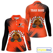Load image into Gallery viewer, Custom Orange Turkey Bowling Shirt For Women, Thanksgiving Bowling Team Jersey Bowler Outfit NQS10369