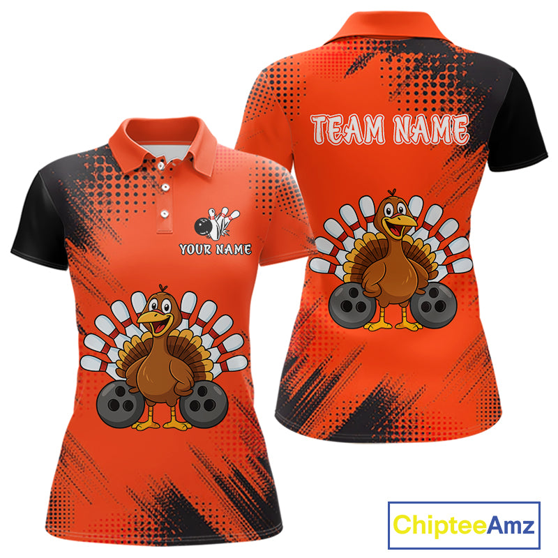 Custom Orange Turkey Bowling Shirt For Women, Thanksgiving Bowling Team Jersey Bowler Outfit NQS10369