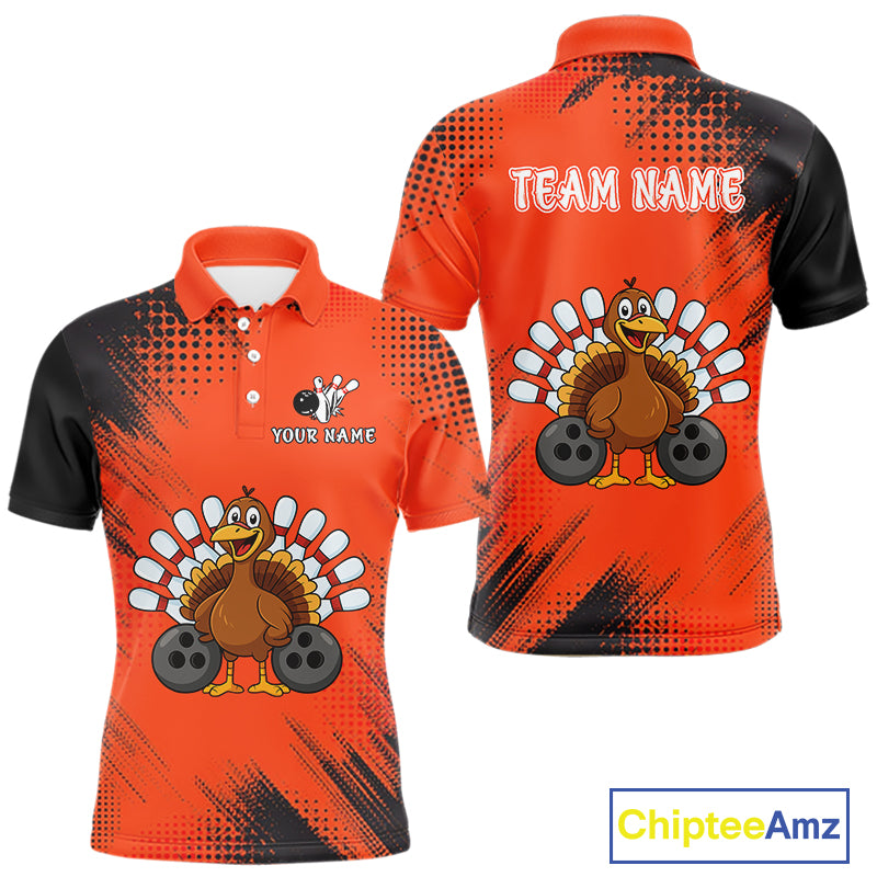 Custom Orange Turkey Bowling Shirt For Men, Thanksgiving Bowling Team Jersey Bowler Outfit NQS10369