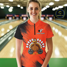 Load image into Gallery viewer, Custom Orange Turkey Bowling Shirt For Women, Thanksgiving Bowling Team Jersey Bowler Outfit NQS10369