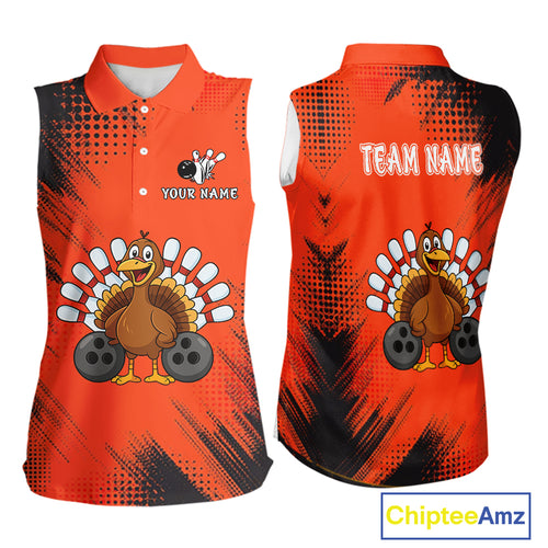 Custom Orange Turkey Bowling Sleeveless Polo Shirt, Thanksgiving Bowling Team Jersey Bowler Outfit NQS10369