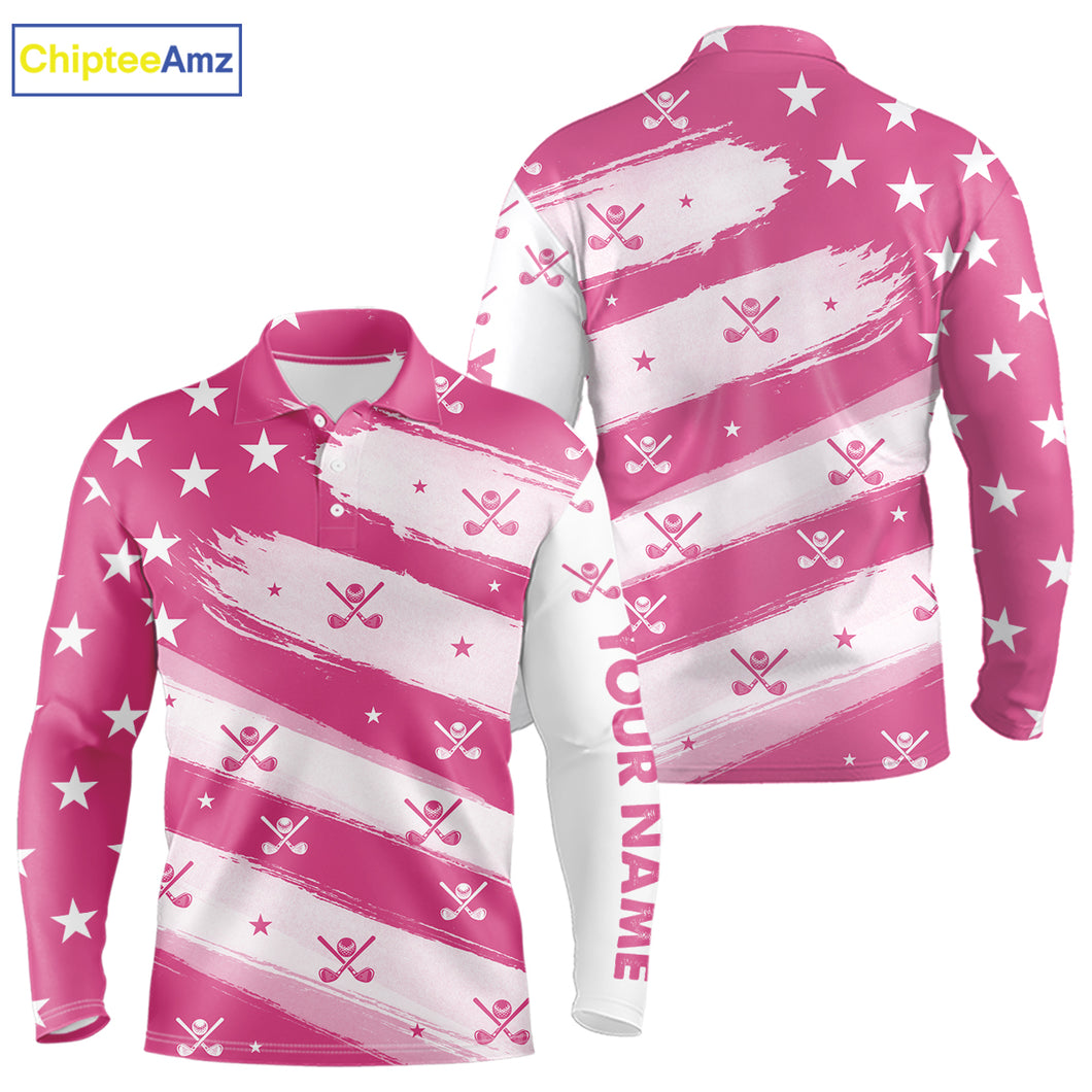 Pink American Flag Men golf polo shirt custom patriotic golf outfits men, cool golf gifts NQS10092